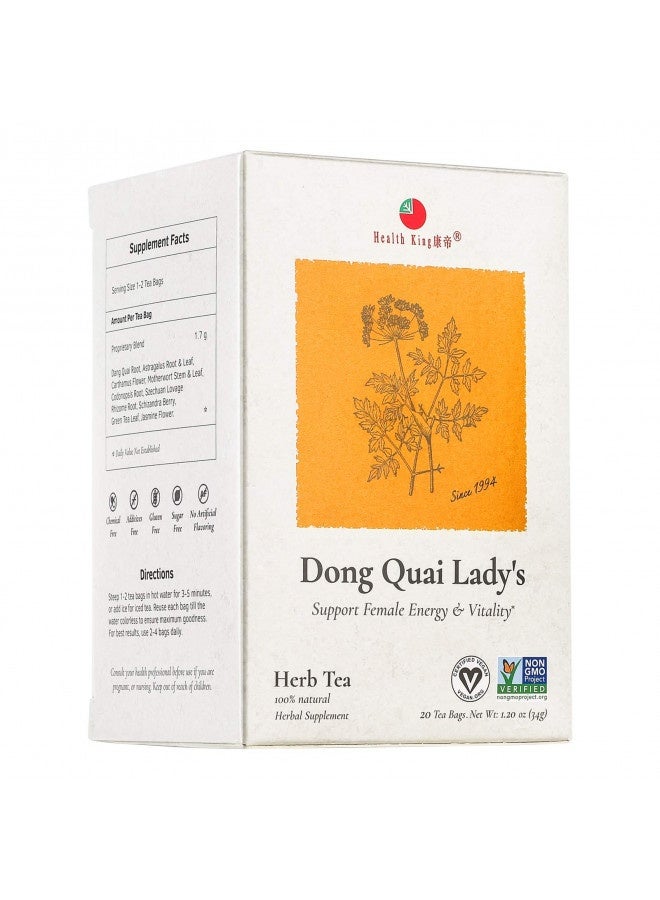 Dong Quai Lady'S Herb Tea By Health King - Female Qi-Blood Balance And Energy - ( 1 Pack, 20 Count, With Non-Gmo, Vegan, Dang Quai Root, Astragalus Root And Leaf, Carthamus Flower, Motherwort Stem An