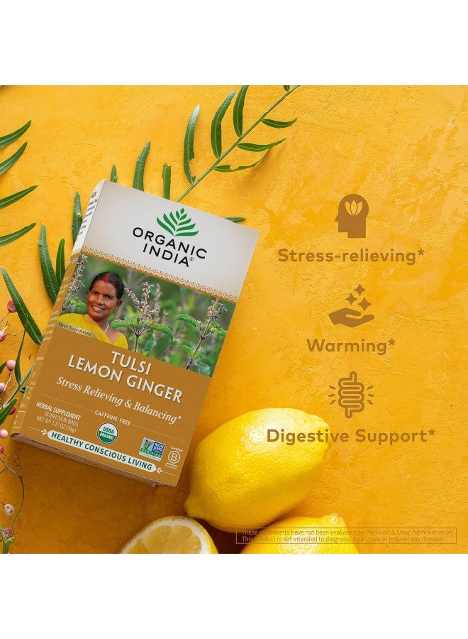 Organic India Tulsi Lemon Ginger Herbal Tea - Holy Basil, Stress Relieving And Reviving, Immune Support, Aids Digestion, Vegan, Usda Certified Organic, Non-Gmo, Caffeine-Free - 18 Infusion Bags, 1 Pa