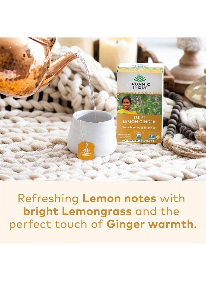 Organic India Tulsi Lemon Ginger Herbal Tea - Holy Basil, Stress Relieving And Reviving, Immune Support, Aids Digestion, Vegan, Usda Certified Organic, Non-Gmo, Caffeine-Free - 18 Infusion Bags, 1 Pa