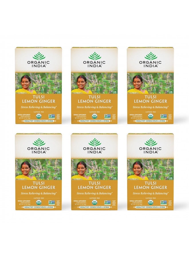 Organic India Tulsi Lemon Ginger Herbal Tea - Stress Relieving And Reviving, Immune Support, Aids Digestion, Vegan, Usda Certified Organic, Non-Gmo, Caffeine-Free - 18 Infusion Bags, 6 Pack