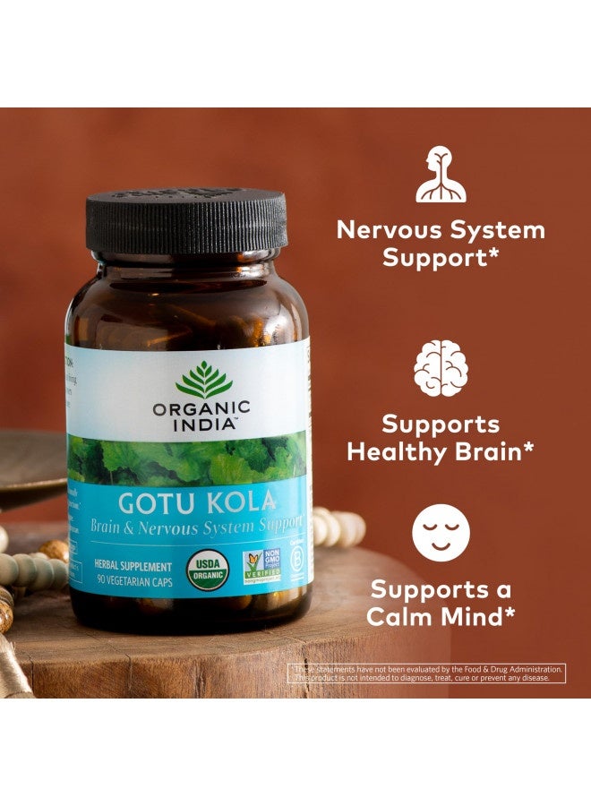 Organic India Gotu Kola Herbal Supplement - Adaptogen For Brain And Nervous System Support, Vegan, Gluten-Free, Kosher, Usda Certified Organic, Non-Gmo, Calming, Mental Clarity - 90 Capsules