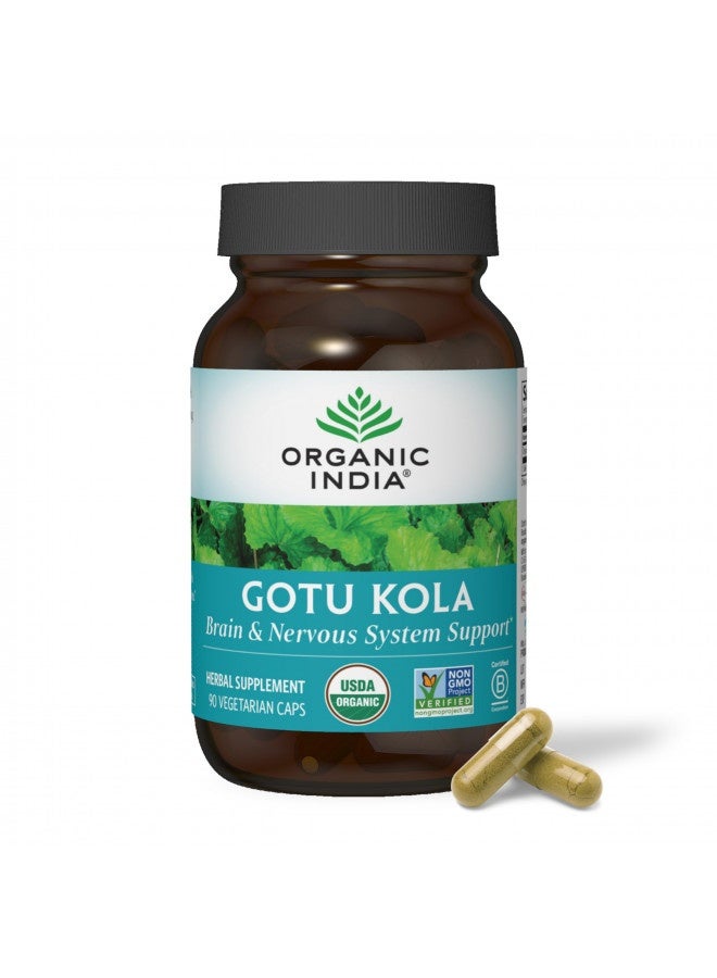 Organic India Gotu Kola Herbal Supplement - Adaptogen For Brain And Nervous System Support, Vegan, Gluten-Free, Kosher, Usda Certified Organic, Non-Gmo, Calming, Mental Clarity - 90 Capsules