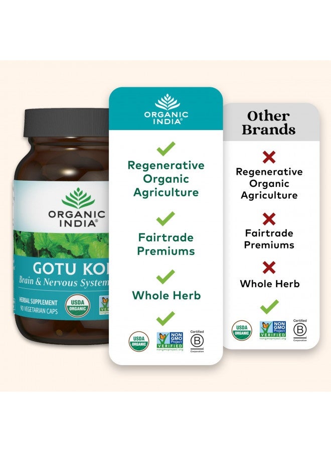 Organic India Gotu Kola Herbal Supplement - Adaptogen For Brain And Nervous System Support, Vegan, Gluten-Free, Kosher, Usda Certified Organic, Non-Gmo, Calming, Mental Clarity - 90 Capsules