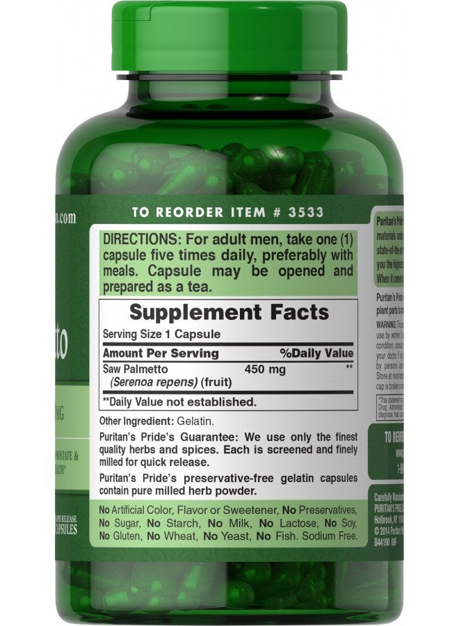 Puritan'S Pride Saw Palmetto 450 Mg, Supports Prostate And Urinary Health, 200 Count