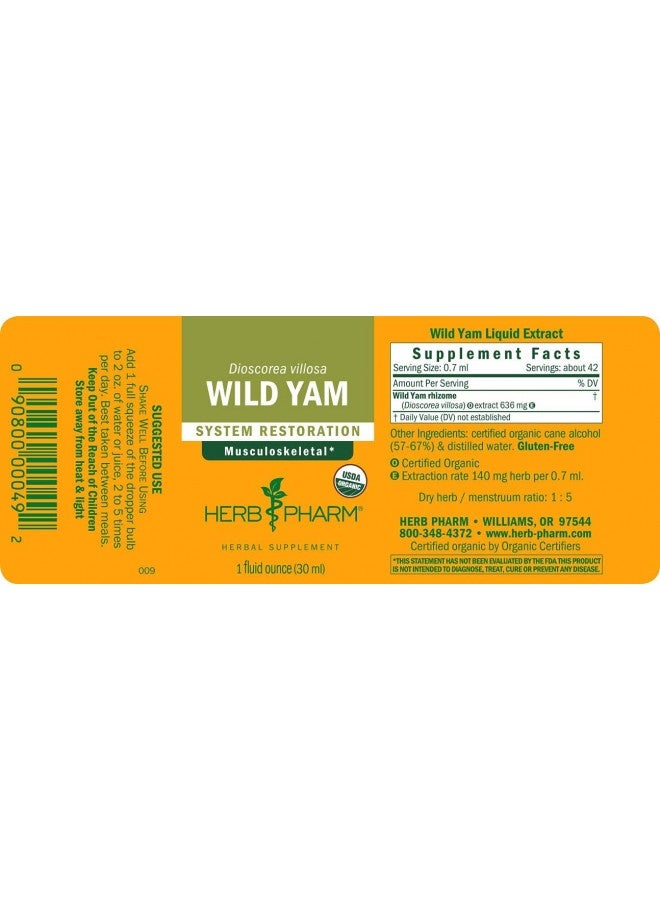 Herb Pharm Certified Organic Wild Yam Liquid Extract For Musculoskeletal System Support - 1 Ounce