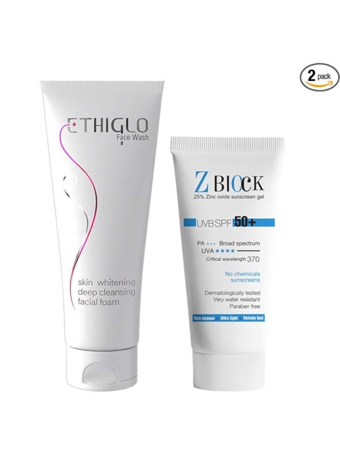 Ethiglo Face Wash 70ml and Z-Block 25% Zinc Oxide Sunscreen Gel, SPF 58, 50 ml