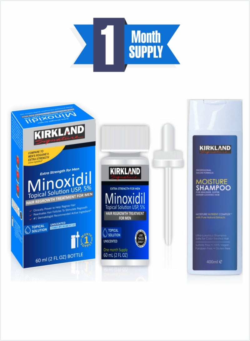 Combo of Minoxidil USP 5% Hair Growth Solution for Men – 1-Month Supply + Natural Extracts Moisture Shampoo for Better Growth