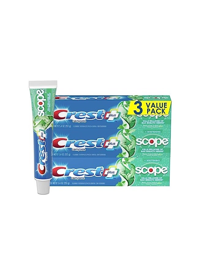 Crest + Scope Complete Whitening Toothpaste, Minty Fresh, 5.4 Oz (Pack Of 3)