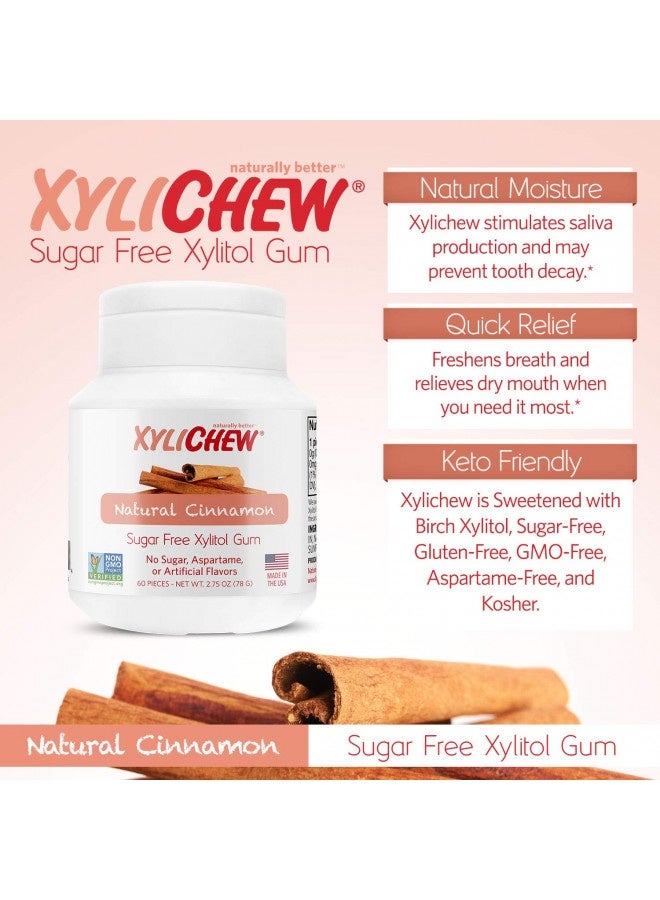 Xylichew 100% Xylitol Chewing Gum - Non Gmo, Non Aspartame, Gluten Free, And Sugar Free Gum - Natural Oral Care, Relieves Bad Breath And Dry Mouth - Cinnamon, 60 Count