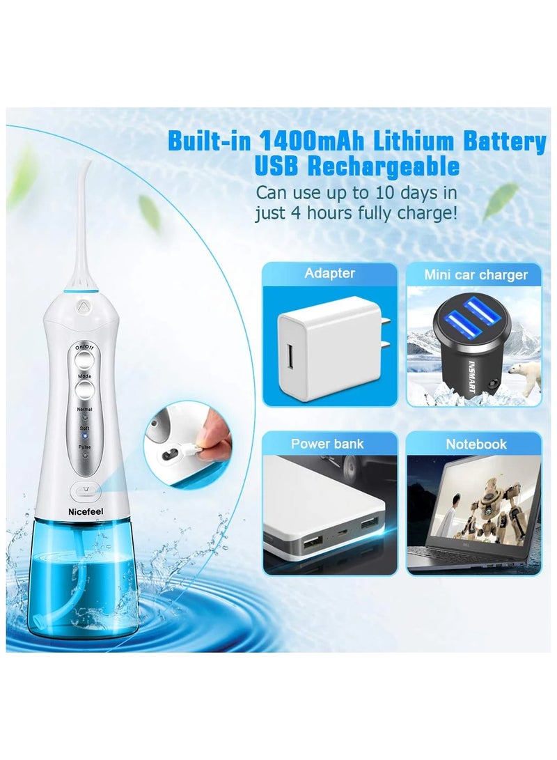Fc159 Blue Cordless Dental Water Flosser Oral Irrigator High Pressure 1800 Pulses Per Minute 360° Rotating Nozzle 3 Modes Travel Bag