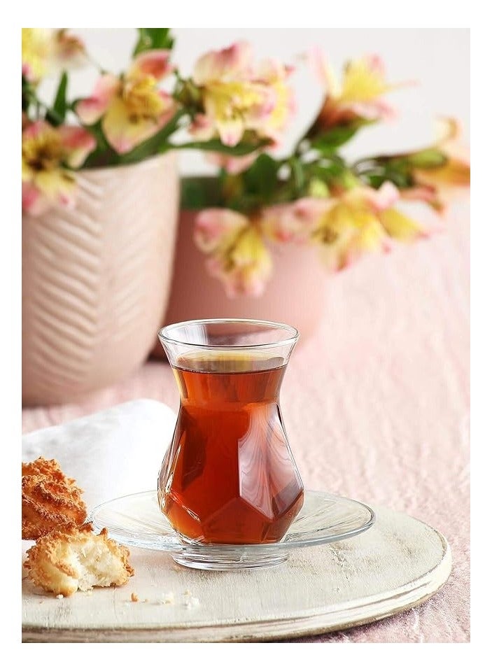 12 Pieces Alya Tea Set 6 Pieces Tea Glass 165 Ml And 6 Pieces Plate 125 Mm