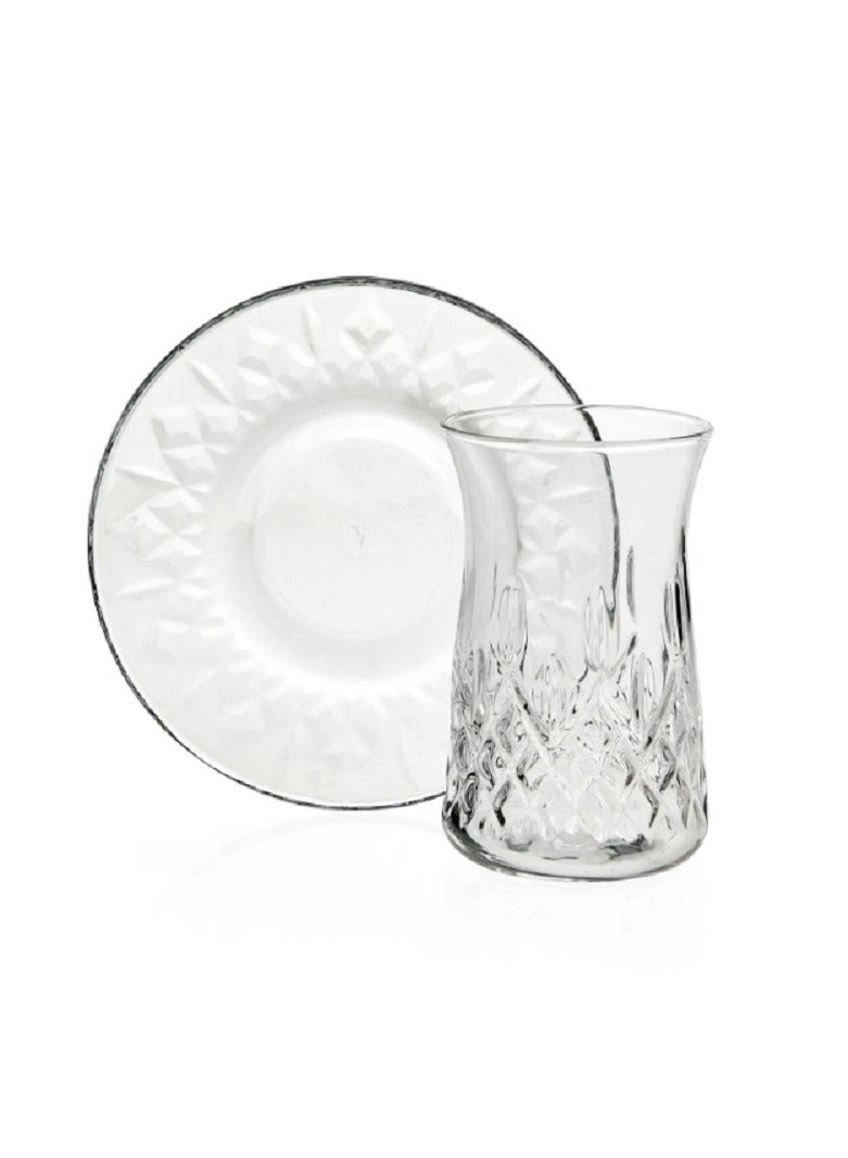 12 Pieces Odin Tea Set 6 Pieces Tea Glass 170 Ml And 6 Pieces Tea Plate 124Mm