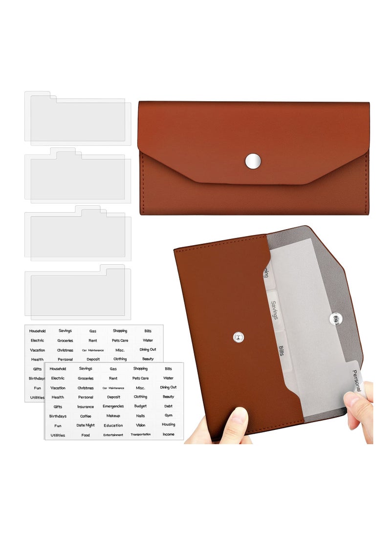 11 Pieces Cash Envelope Wallet PU Leather Cash Envelopes Cash Wallet Reusable Budget Envelope Cash Dividers for Wallets with Cash Envelope Tab Stickers for Bill Planner (Brown Wallet)