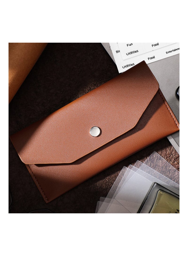 11 Pieces Cash Envelope Wallet PU Leather Cash Envelopes Cash Wallet Reusable Budget Envelope Cash Dividers for Wallets with Cash Envelope Tab Stickers for Bill Planner (Brown Wallet)