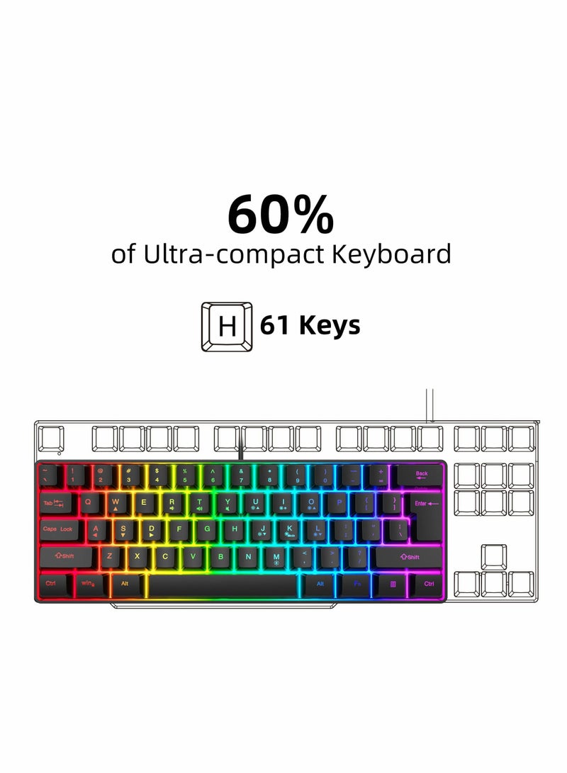 60% Wired Gaming Keyboard, RGB Backlit Ultra-Compact Mini Keyboard, Waterproof Mini Compact 61 Keys Keyboard for PC/Mac Gamer, Typist, Travel, Easy to Carry on Business Trip(Black)