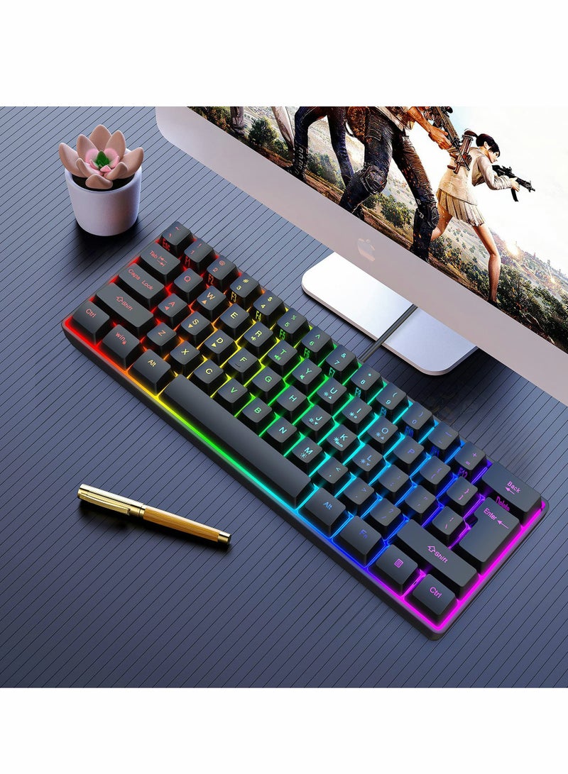 60% Wired Gaming Keyboard, RGB Backlit Ultra-Compact Mini Keyboard, Waterproof Mini Compact 61 Keys Keyboard for PC/Mac Gamer, Typist, Travel, Easy to Carry on Business Trip(Black)