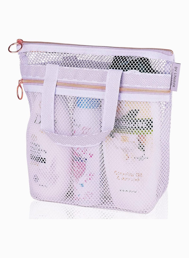 Portable Shower Tote, SYOSI Transparent Mesh Wash Bag, Cosmetic Bag, Travel Wash Bag, Shower Bag with Zipper & 2 Pockets, Ideal for Gym, Travel, Beach, for Sunscreen