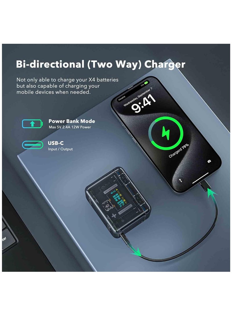 Fast Charge Hub for Insta360 X4 Battery, 30W Dual Charger OLED Screen Intelligent Two Way Charging Case w/12W Output, for Insta360 X4 Accessories, shows Battery Level (SOC) No Internal or X4 Battery
