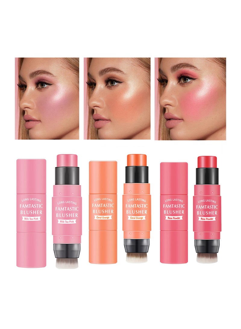 3 Pcs Waterproof Multi Cream Blush Stick with Brush, Lightweight & Long-lasting 2-in-1 Makeup for Cheeks, Lips & Eyeshadow, Easy to Use, Suitable for All Skin Types.