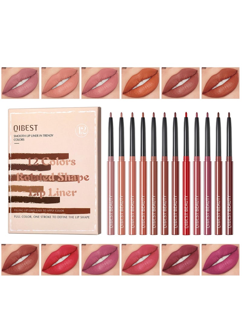 Matte Lip Liner Set 12 Colors Premium Waterproof Smooth Nude Lip Pencils Matte Velvet Lipstick Pen Long Lasting Waterproof Lip Crayon with Gift Box (B)