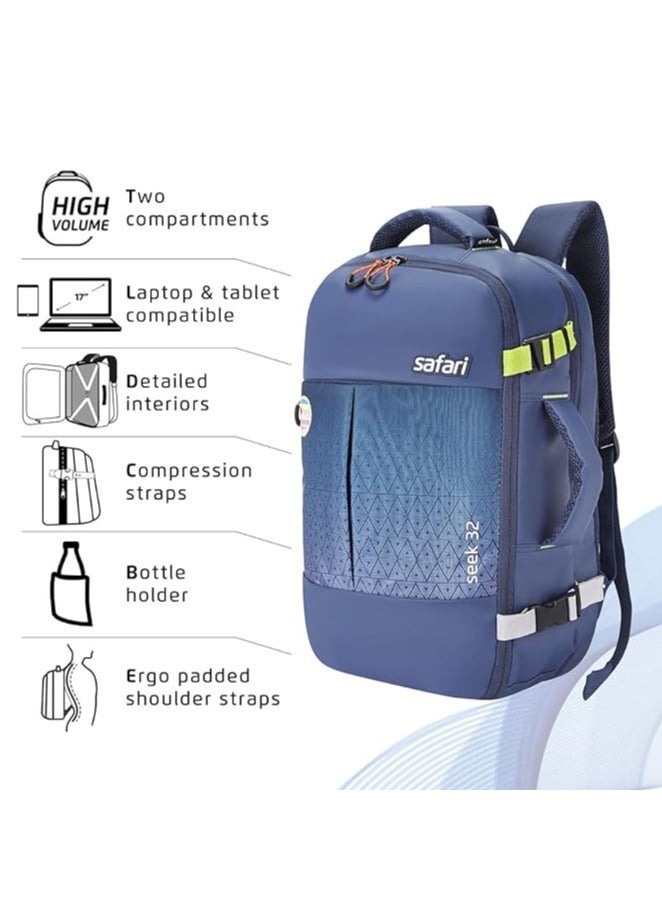 Safari Seek 32 Ltrs Overnighter Travel Laptop Backpack (Blue), Water Resistant Spacious Bag for Travelling and Camping, All-Purpose Bag for Business & Leisure