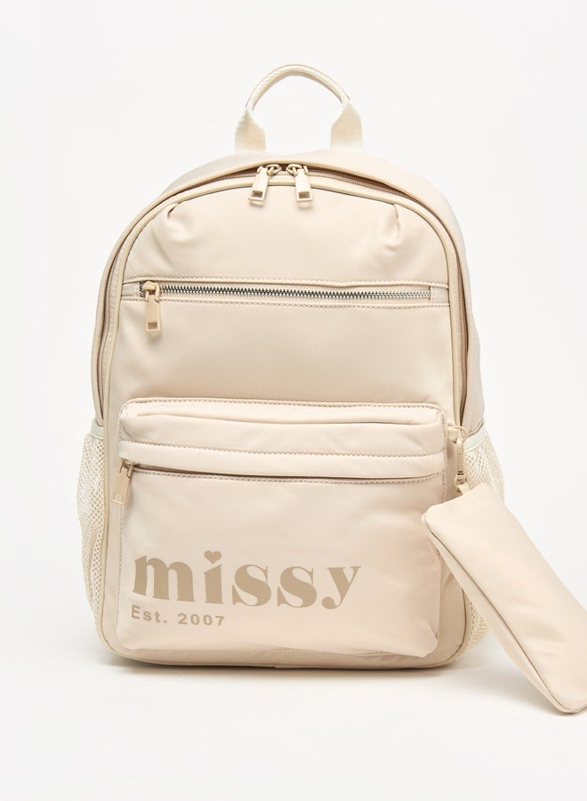 Women Missy Logo Print Backpack with Adjustable Straps and Pencil Pouch - 30x12x40 cm