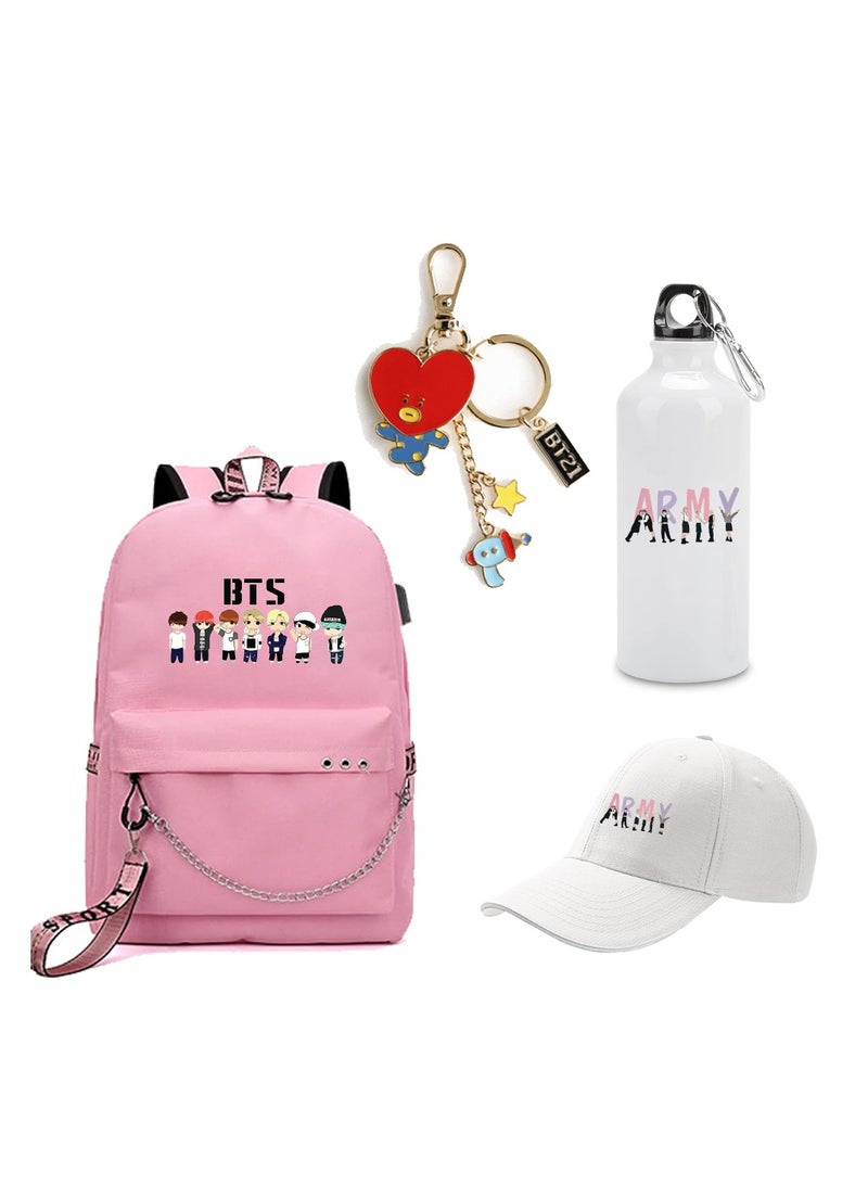 BTS 4in1 Combo - Backpack - Cap - Keychain and Water Flask for True BTS Fans and Merchandise Gifts - Casual Shoulder Bag Travel with USB Charging Port For Girls