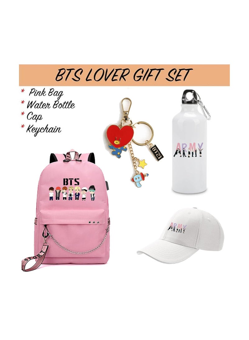 BTS 4in1 Combo - Backpack - Cap - Keychain and Water Flask for True BTS Fans and Merchandise Gifts - Casual Shoulder Bag Travel with USB Charging Port For Girls