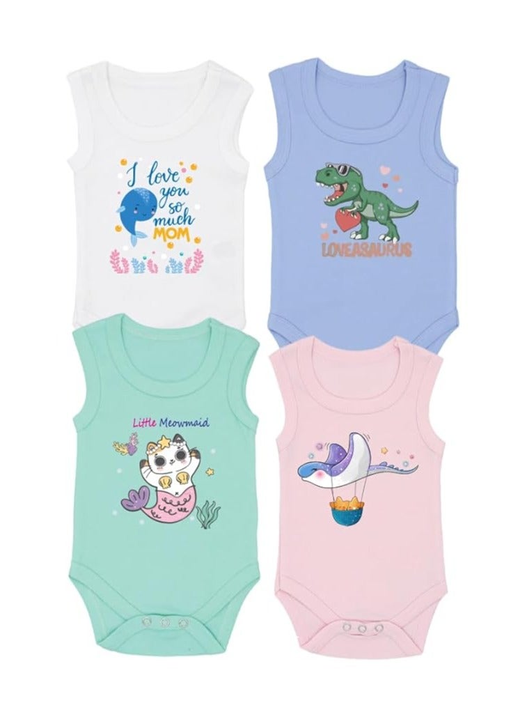 Sleeveless Baby Romper Set for Girls - Pack of 4 Soft Cotton Rompers - Cute Outfits for Newborns and Toddlers with Snap Closure - Gift for Baby Girls