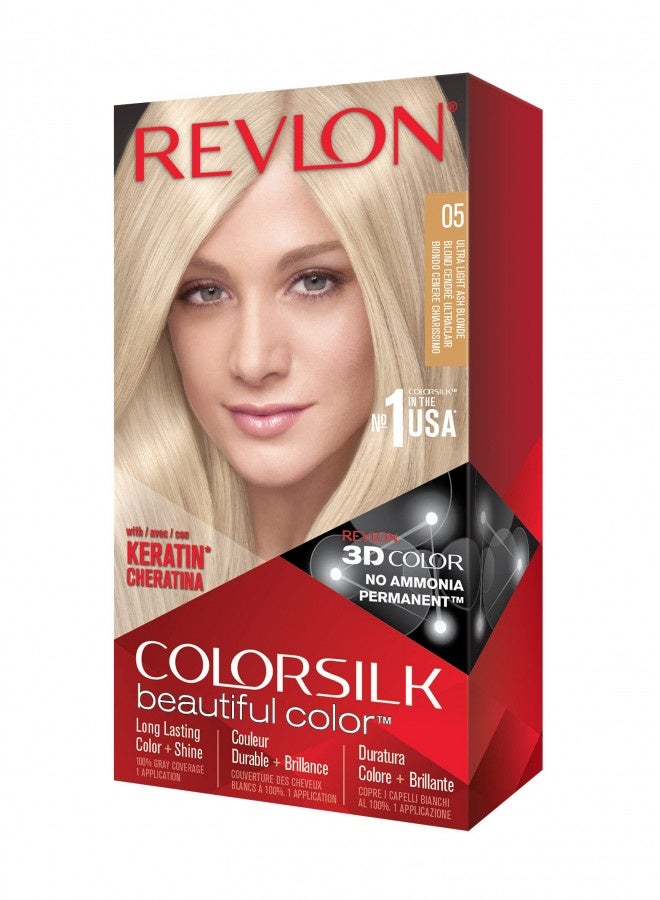 Permanent Hair Color By Revlon, Permanent Hair Dye, Colorsilk With 100% Grey Coverage, Ammonia-Free, Keratin And Amino Acids, 05 Ultra Light Ash Blonde, 4.4 Oz (Pack Of 1)