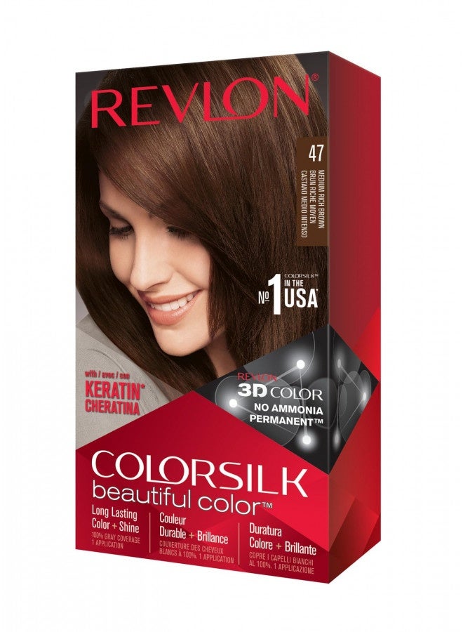 Permanent Hair Color By Revlon, Permanent Hair Dye, Colorsilk With 100% Grey Coverage, Ammonia-Free, Keratin And Amino Acids, 47 Medium Rich Brown, 4.4 Oz (Pack Of 1)