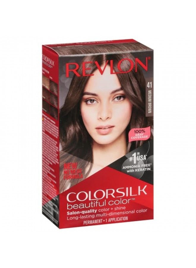 Permanent Hair Color By Revlon, Permanent Hair Dye, Colorsilk With 100% Grey Coverage, Ammonia-Free, Keratin And Amino Acids, 41 Medium Brown, 4.4 Oz (Pack Of 1)