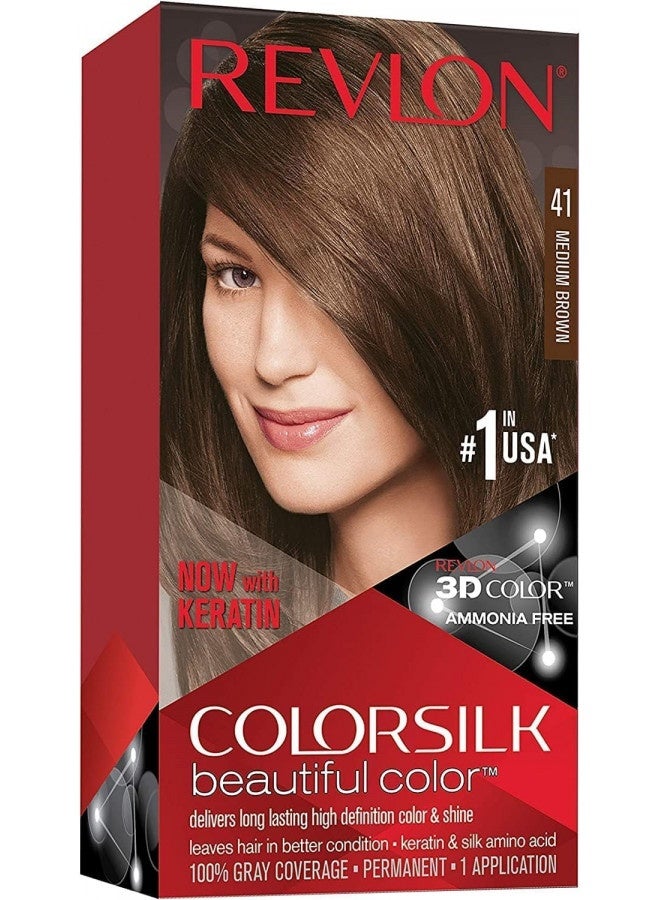 Permanent Hair Color By Revlon, Permanent Hair Dye, Colorsilk With 100% Grey Coverage, Ammonia-Free, Keratin And Amino Acids, 41 Medium Brown, 4.4 Oz (Pack Of 1)