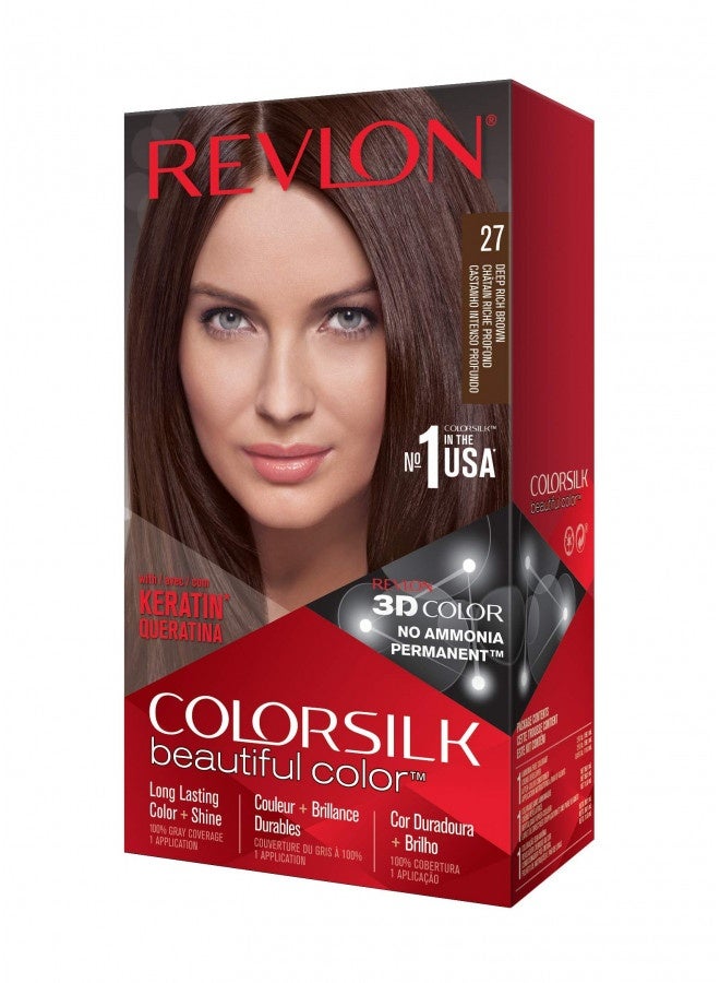 Permanent Hair Color By Revlon, Permanent Hair Dye, Colorsilk With 100% Grey Coverage, Ammonia-Free, Keratin And Amino Acids, 27 Deep Rich Brown, 4.4 Oz (Pack Of 1)