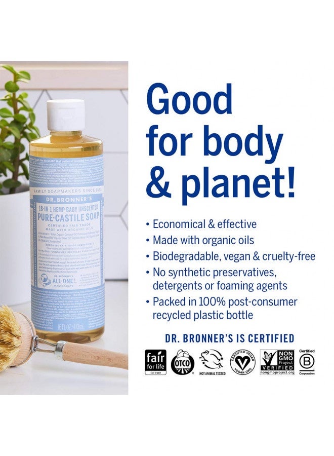 Dr. Bronner’S - Pure-Castile Liquid Soap (Baby Unscented, 16 Ounce, 2-Pack) - Made With Organic Oils, 18-In-1 Uses: Face, Hair, Laundry And Dishes, For Sensitive Skin And Babies, No Added Fragrance