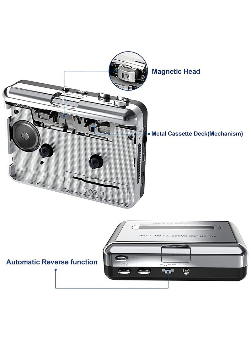 Portable Cassette Player/Cassette to MP3 Converter Capture Cassette Tape to MP3/CD Audio via USB –Converter Retro with Earphones, Compatible with Cell Phone Charger | USB Cable & User Manual Included