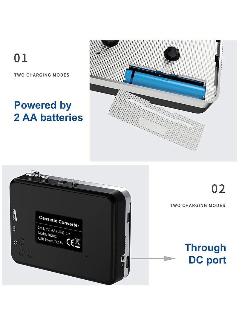 Portable Cassette Player/Cassette to MP3 Converter Capture Cassette Tape to MP3/CD Audio via USB –Converter Retro with Earphones, Compatible with Cell Phone Charger | USB Cable & User Manual Included