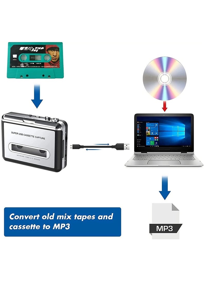 Portable Cassette Player/Cassette to MP3 Converter Capture Cassette Tape to MP3/CD Audio via USB –Converter Retro with Earphones, Compatible with Cell Phone Charger | USB Cable & User Manual Included