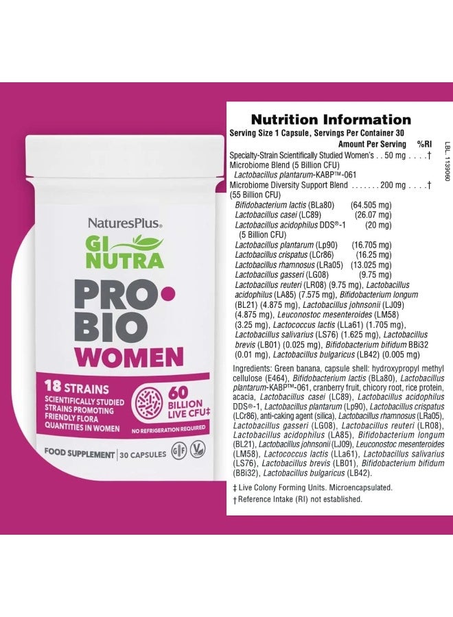 Natures Plus Gi Natural Pro Biotic Women | 60 Billion Cfu | Balance & Nourish Whole Body Health With 18 Strains | Gluten-Free | 30 Capsules