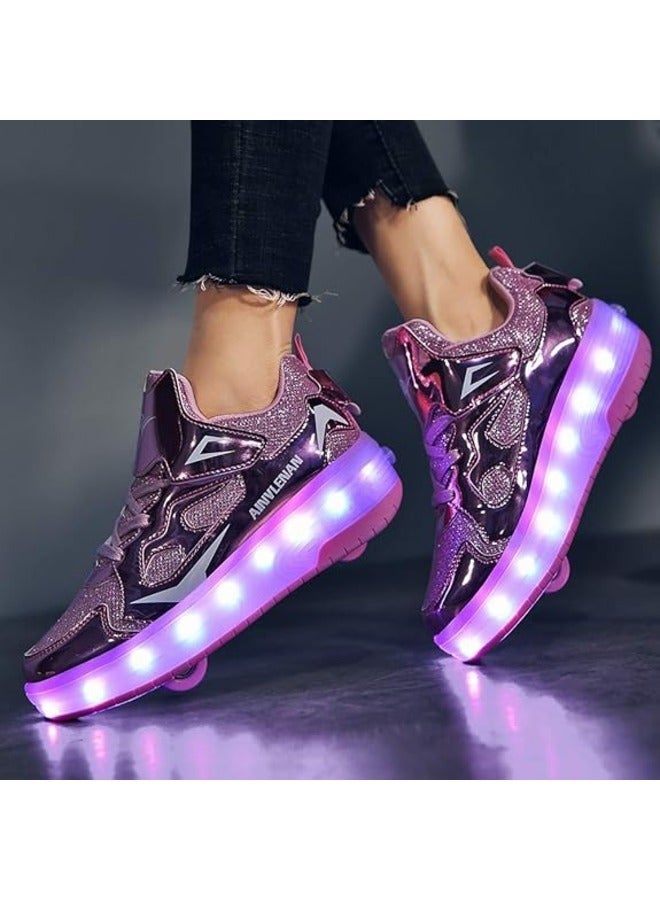 Purple Unisex Kids Roller Skate Shoes Double Wheels Flashing Charging Sneakers for Boys & Girls Ideal for Gymnastics, Skateboarding & Birthday Gifts