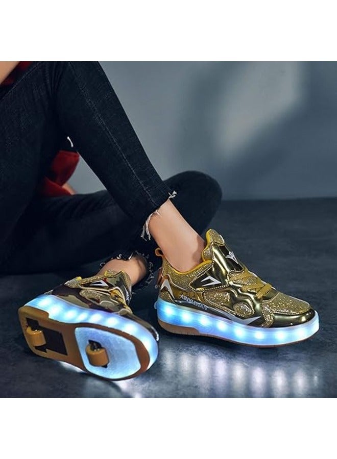 Gold Unisex Kids LED Roller Skate Shoes Double Wheels Flashing USB Charging Sneakers for Boys & Girls Ideal for Gymnastics, Skateboarding & Birthday Gifts