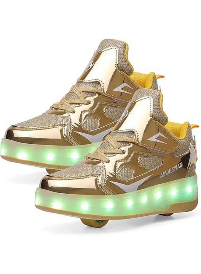 Gold Unisex Kids LED Roller Skate Shoes Double Wheels Flashing USB Charging Sneakers for Boys & Girls Ideal for Gymnastics, Skateboarding & Birthday Gifts