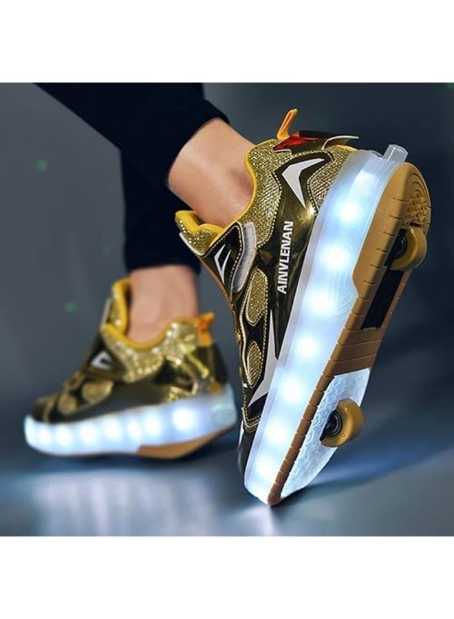 Gold Unisex Kids LED Roller Skate Shoes Double Wheels Flashing USB Charging Sneakers for Boys & Girls Ideal for Gymnastics, Skateboarding & Birthday Gifts