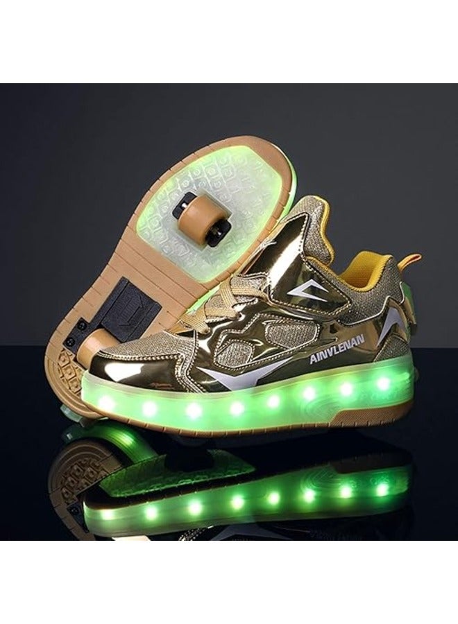 Gold Unisex Kids LED Roller Skate Shoes Double Wheels Flashing USB Charging Sneakers for Boys & Girls Ideal for Gymnastics, Skateboarding & Birthday Gifts