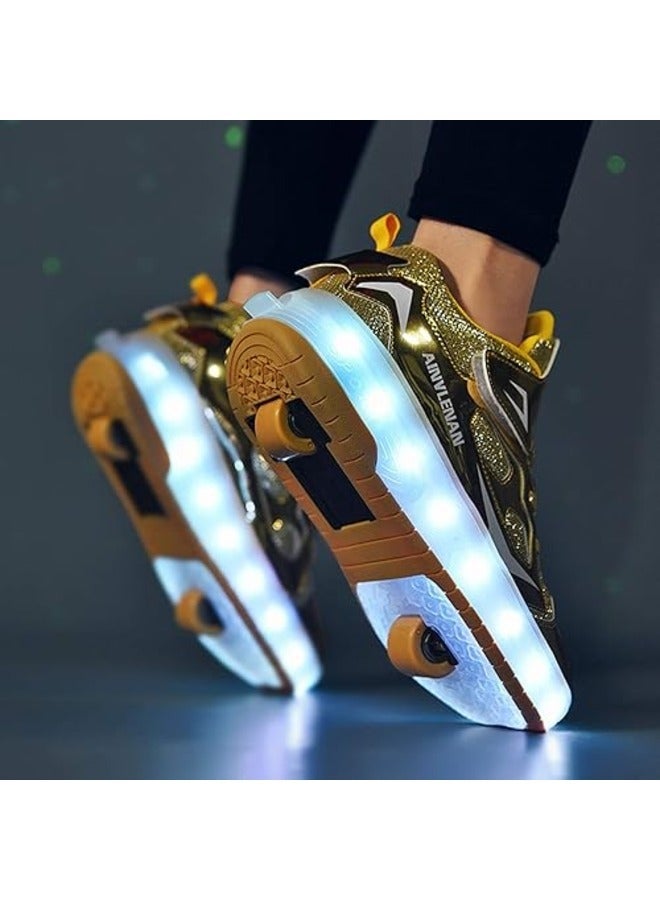 Gold Unisex Kids LED Roller Skate Shoes Double Wheels Flashing USB Charging Sneakers for Boys & Girls Ideal for Gymnastics, Skateboarding & Birthday Gifts