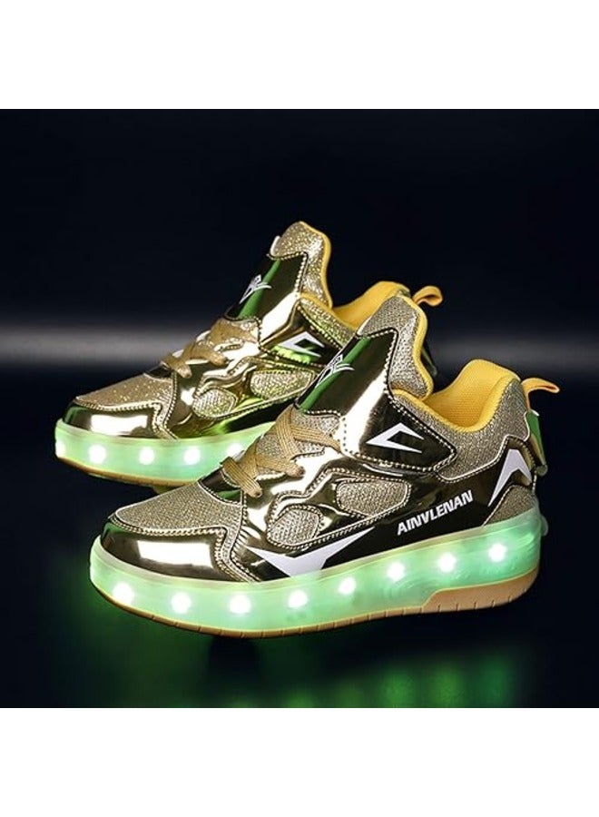 Gold Unisex Kids LED Roller Skate Shoes Double Wheels Flashing USB Charging Sneakers for Boys & Girls Ideal for Gymnastics, Skateboarding & Birthday Gifts