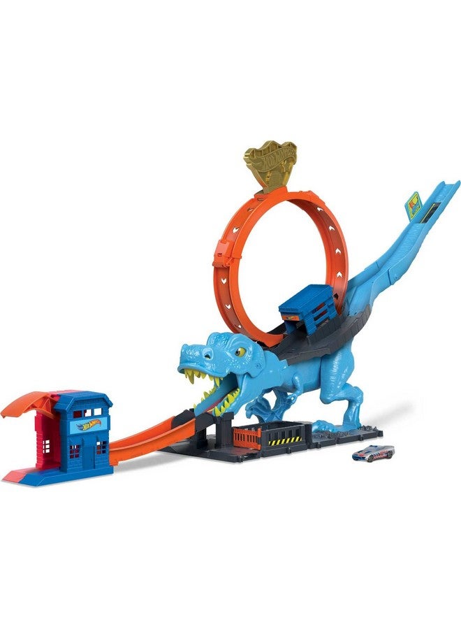 City Toy Car Track Set, T Rex Chomp Down With 1:64 Scale Vehicle, Knock Out The Giant Dinosaur With Stunts, Connects To Other Sets