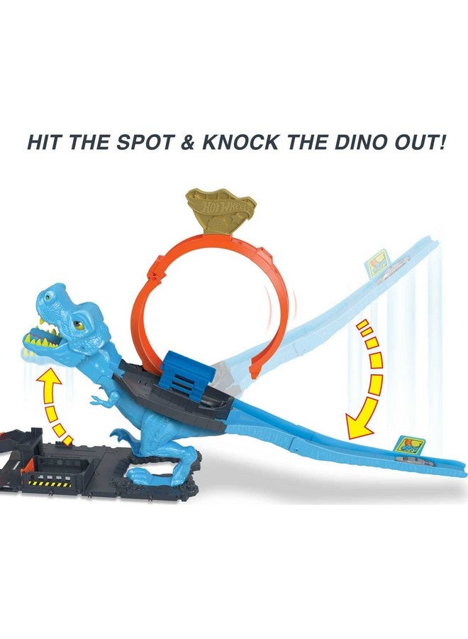 City Toy Car Track Set, T Rex Chomp Down With 1:64 Scale Vehicle, Knock Out The Giant Dinosaur With Stunts, Connects To Other Sets