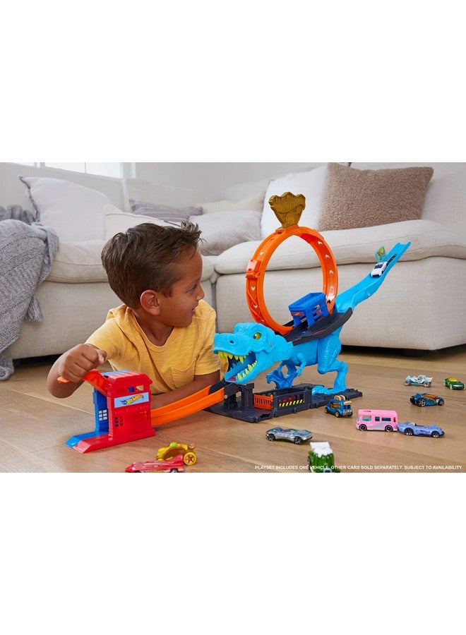 City Toy Car Track Set, T Rex Chomp Down With 1:64 Scale Vehicle, Knock Out The Giant Dinosaur With Stunts, Connects To Other Sets