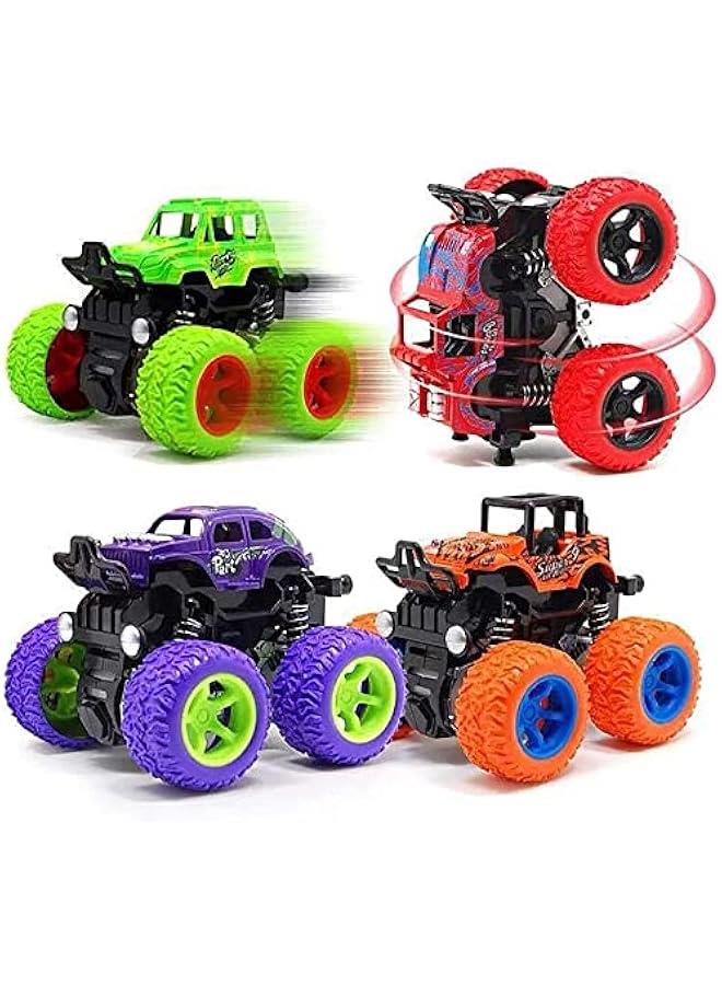 Monster Truck for Boys 3 4 5 6 7 Year Old,4 Pack Push and Go Friction Powered Car Toys, Double-Directions Inertia Pull Back Vehicle Set,Birthday Party Gift for Kids